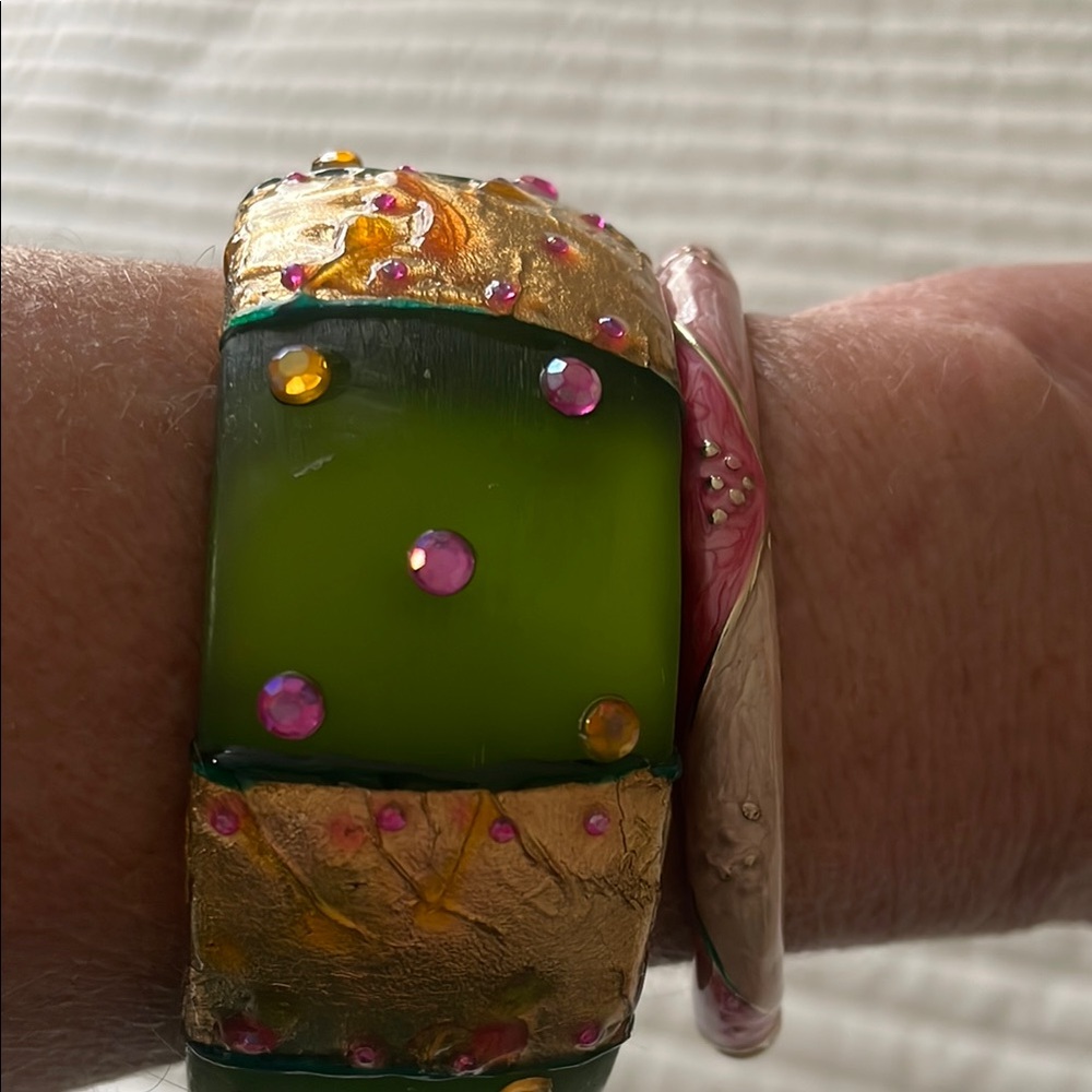 Green and Gold Cuff Bracelet with Gemstone Accents And Pink Acrylic Bracelet Set
